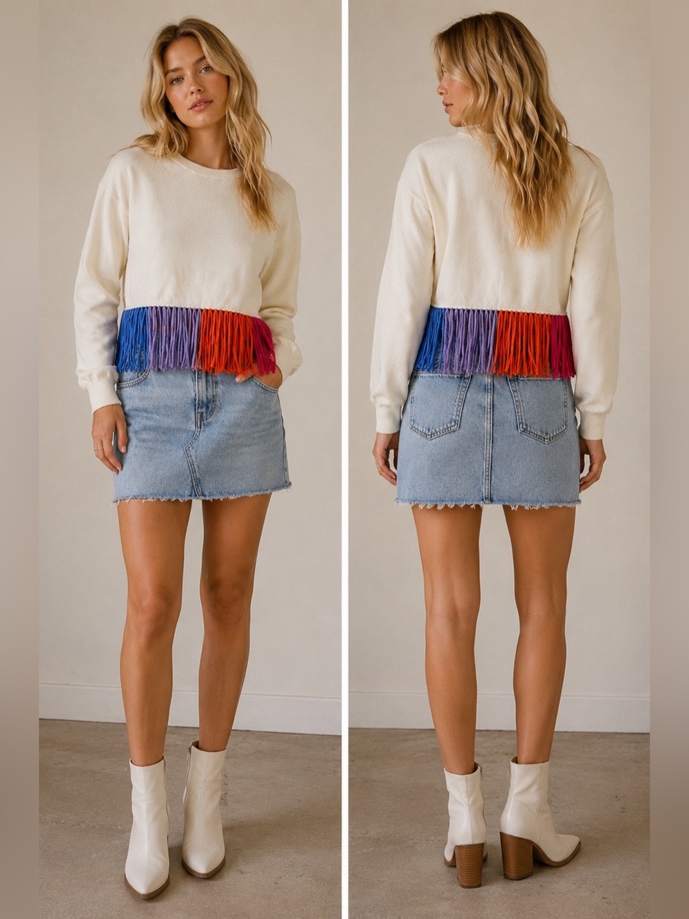 Cream Sweater with Colorful Fringe